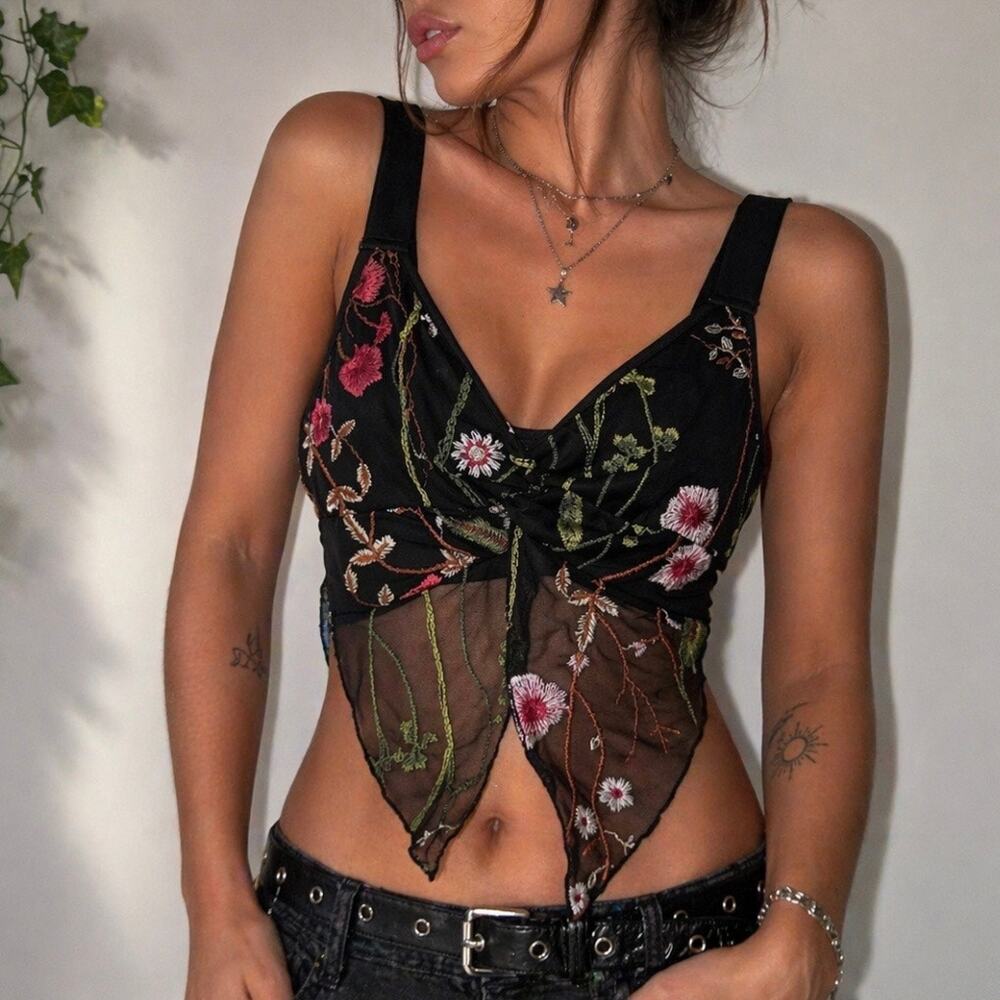 iHeartRaves Floral Mesh Top Fairy Grunge Festival Sheer M